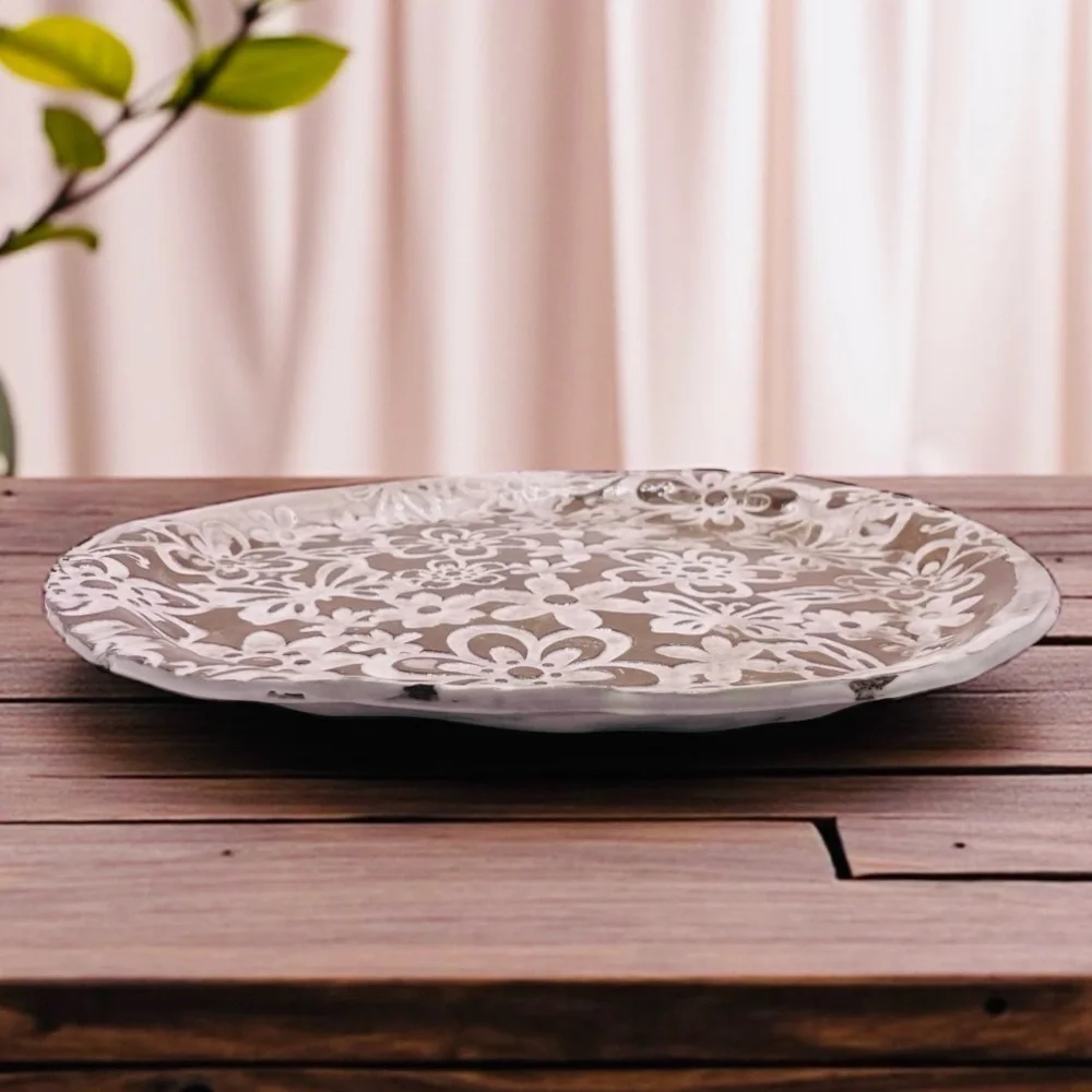 Handmade Floral Studio Pottery Plate - Decorative Ceramic Platter, Signed 13.5”